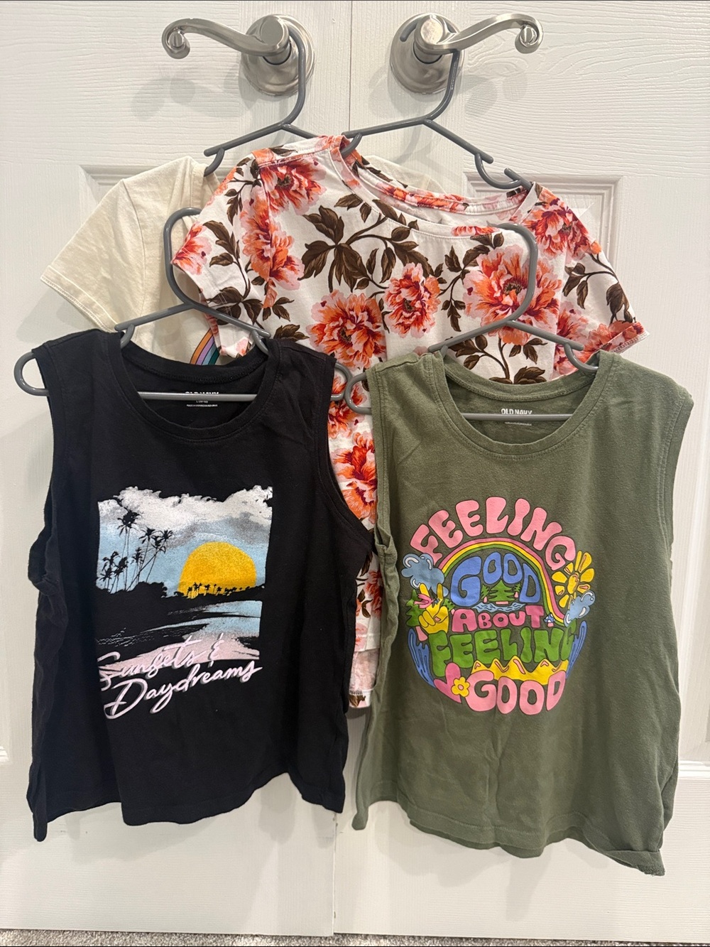 Old Navy Girls Floral & Graphic Tank Top Bundle - Green, Black, Cream, Floral